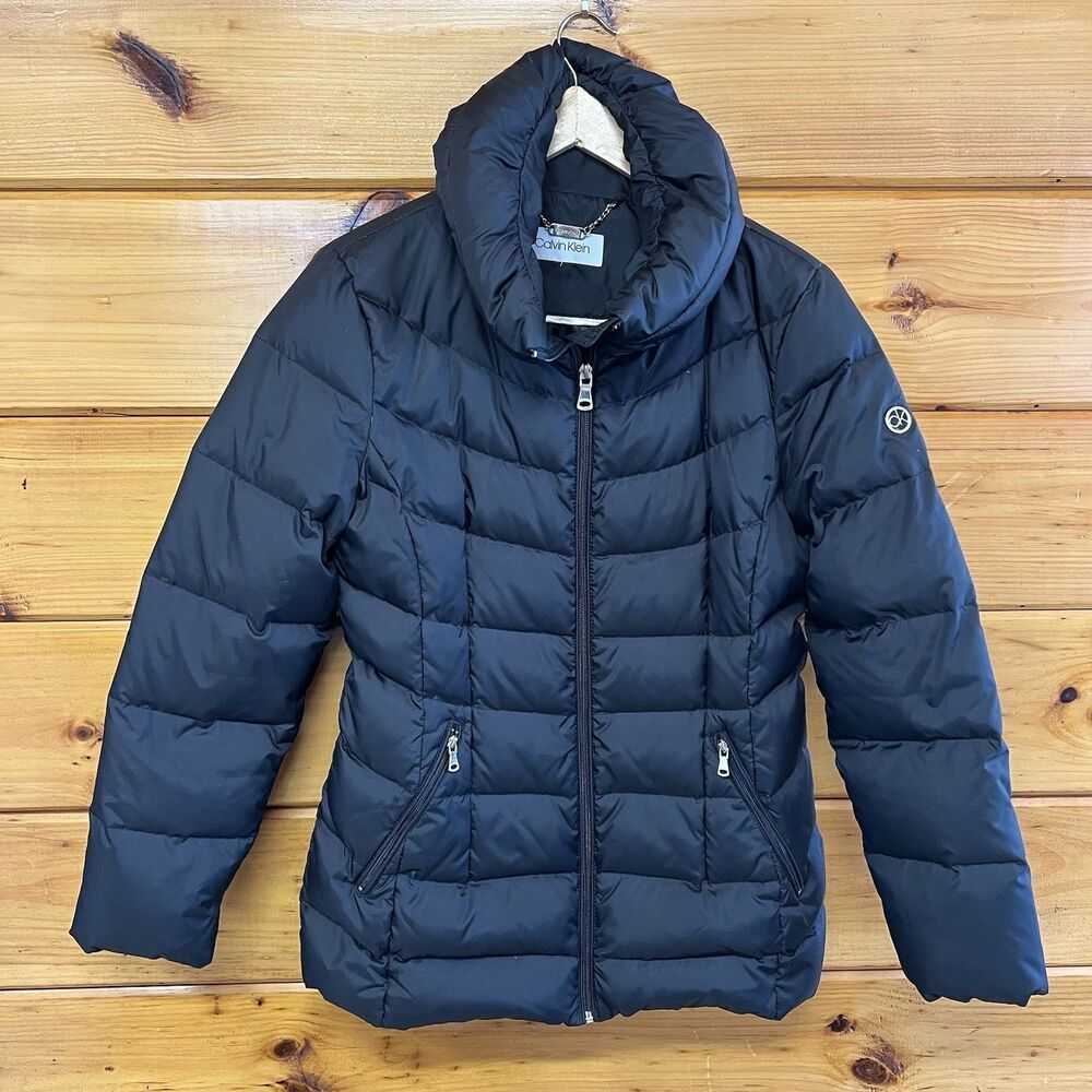 Calvin Klein Puffer Down Winter Jacket Womens Small Black Coat W/ Pockets